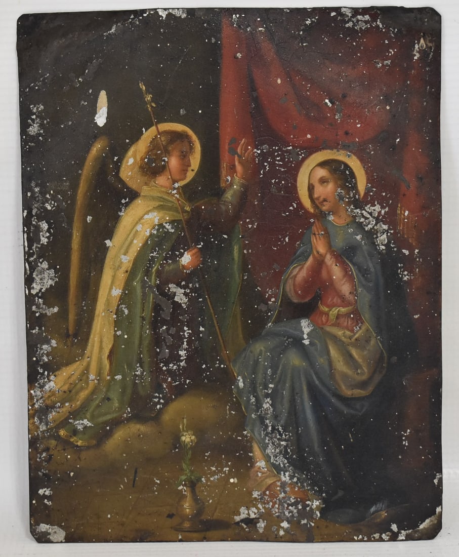 EARLY SPANISH COLONIAL PAINTING ON TIN ICON, 19TH C.: EARLY SPANISH COLONIAL PAINTING ON TIN ICON, 19TH C., 8 3/4" X 6 3/4"