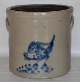 3 GAL. SALT GLAZED STONEWARE CROCK W/CHICKEN PECKING
