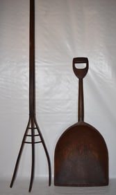 (2) COUNTRY CHESTNUT GRAIN SHOVEL/HAY FORK, 19TH C.