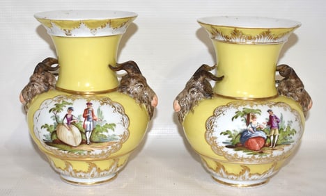 PAIR K.P.M. PORCELAIN RAMS HEAD VASES, 19/20TH C.