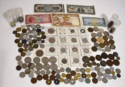 BAG LOT ASSORTED FOREIGN COIN & PAPER CURRENCY