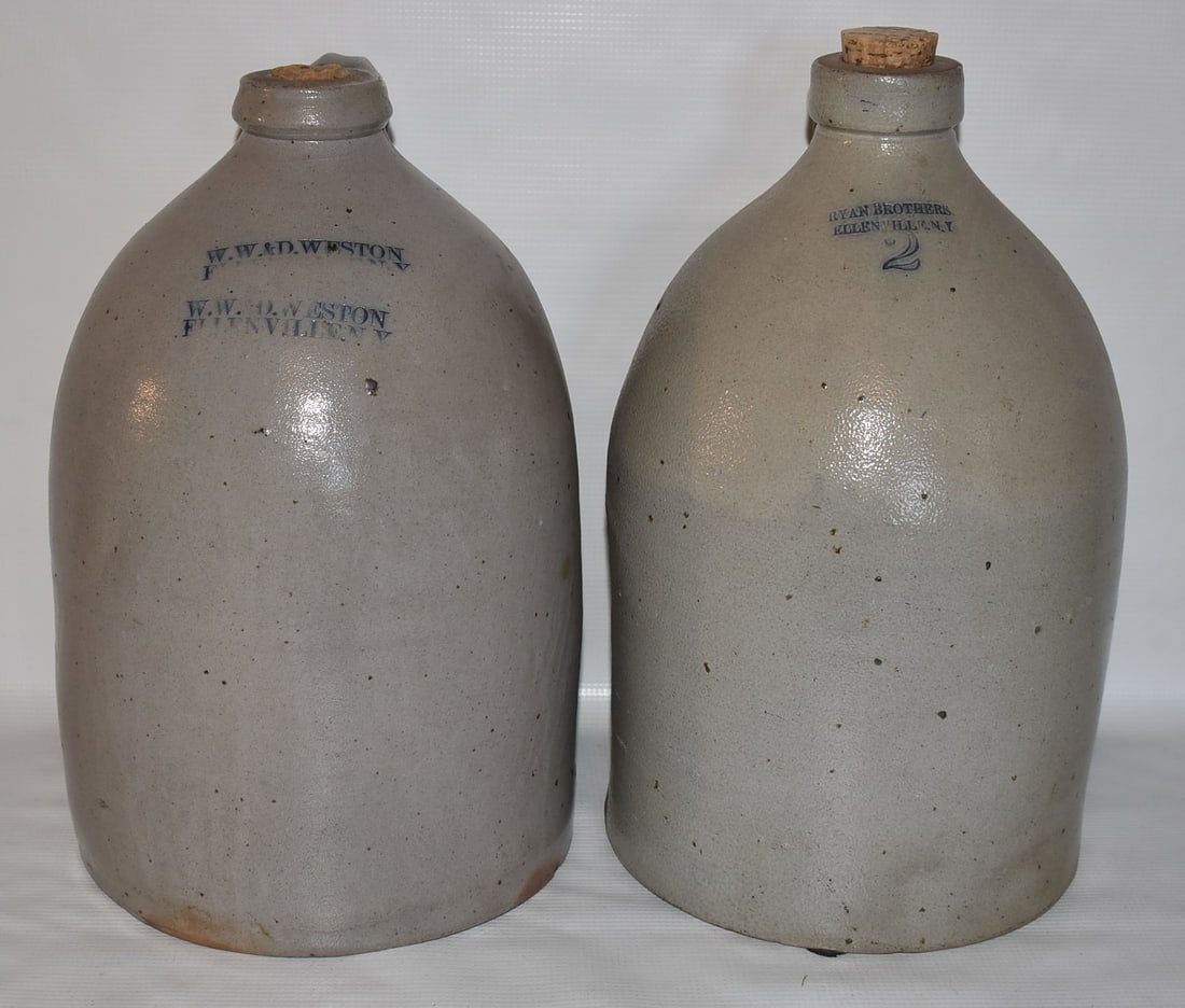 2 RYAN BROTHERS/WW. & D. WESTON 2 GAL. SALT GLAZED JUGS: LOT (2) RYAN BROTHERS/W.W. & D. WESTON 2 GAL. SALT GLAZED JUGS, 19/20TH C.