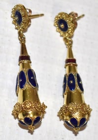 PR. PERSIAN STYLE 14KT YW GOLD/ENAMELED DROP EARRINGS