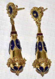 PR. PERSIAN STYLE 14KT YW GOLD/ENAMELED DROP EARRINGS: PAIR PERSIAN STYLE 14KT YELLOW GOLD/ENAMELED DROP EARRINGS, 20TH C., W. 4.1 DWT, L. 1 3/4"