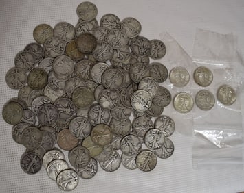 LARGE LOT WALKING LIBERTY SILVER HALF DOLLARS, 48.3 OZ.