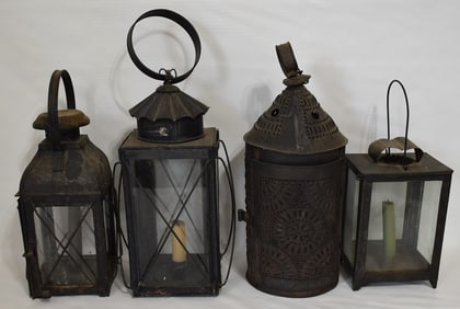 LOT (4) EARLY ASSORTED LANTERNS, 19TH C.,  TALLEST 17"