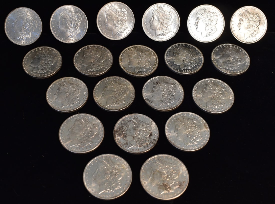 RARE LOT 1904-O ROLL (20) MORGAN SILVER DOLLARS, MS 63+ (1 of 6)