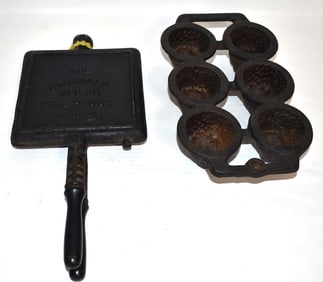 2 CAST IRON LION & LAMB MUFFIN MOLD/GRISWOLD WAFFLE