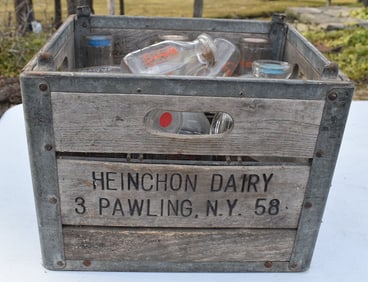 HEINCHON DAIRY MILK CRATE W/MILK BOTTLES, 20TH C.