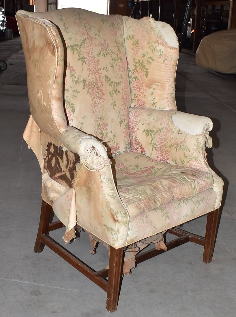 EARLY FEDERAL BLACK WALNUT FIRESIDE CHAIR, ORIG. MUSLIN: EARLY FEDERAL BLACK WALNUT FIRESIDE CHAIR W/ORIG. MUSLIN/UPHOLSTERY, C. 1790/1800