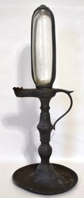 EARLY PEWTER WHALE OIL LAMP W/RESERVOIR, 19TH C.