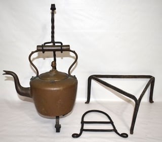 LOT (4) EARLY WROUGHT IRON/BRASS WATER KETTLE, 19TH C.
