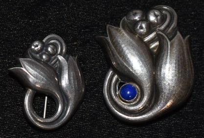 LOT (2) GEORG JENSEN SILVER/LAPIS BROOCHES, C. 1940