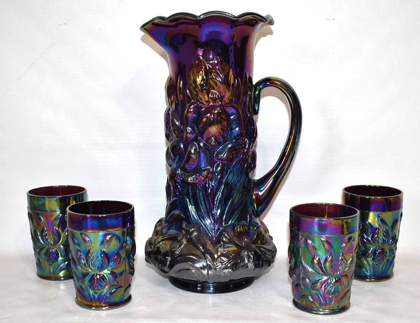 (5) IRIS PATTERN CARNIVAL GLASS LEMONADE SET, C. 1930 (1 of 5)