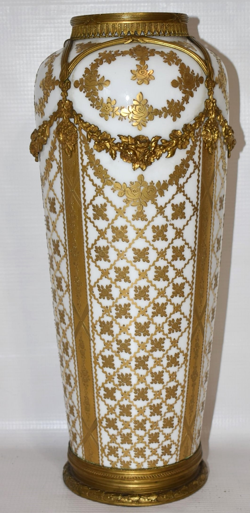 FRENCH SEVRES H/P GILT BRONZE TALL VASE, 19TH C. (1 of 11)