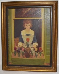 O/C POTTING TULIPS SIGNED E.C. RIEDEL (UNKNOWN ARTIST)