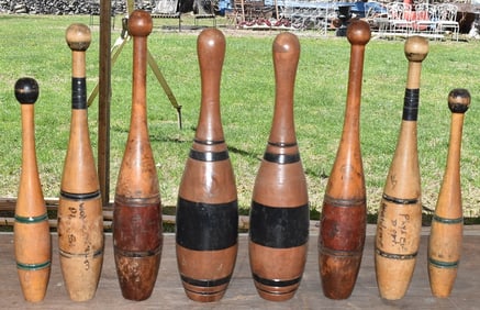 LOT (8) PAINTED MAPLE INDIAN PINS, 19/20TH C.