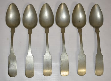 (6) EARLY NICKEL SILVER SOUP SPOONS SIGNED D. PRITCHARD