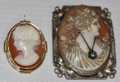 LOT (2) VICTORIAN 14KT YELLOW/WHITE GOLD CAMEOS