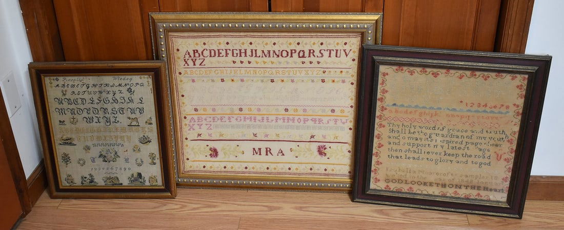 LOT (3) FOLK ART ALPHABET SAMPLERS, 19TH C.: LOT (3) FOLK ART ALPHABET SAMPLERS, 19TH C., LARGEST 25" X 22"