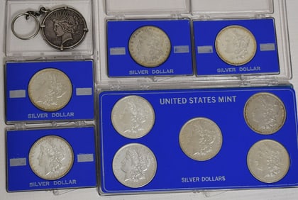 LOT (10) US MINT MORGAN/PEACE SILVER DOLLARS (CASED)