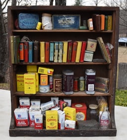 COUNTRY PINE SPICE RACK W/ASSORTED ADVERTISING TINS