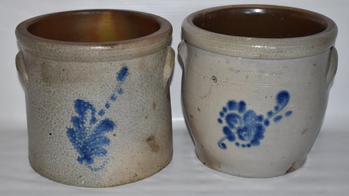 2 BRADY & RYAN 1 GAL. STONEWARE CROCKS W/COBALT DECO