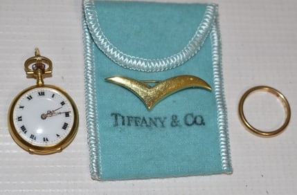 3 18KT TIFFANY & CO. YG BROOCH/SWISS WATCH/WEDDING BAND