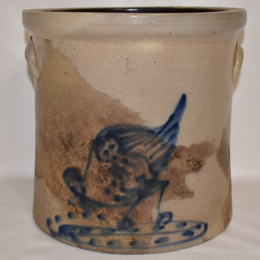 2 GAL. SALT GLAZED STONEWARE CROCK W/CHICKEN, 19TH C. (1 of 6)