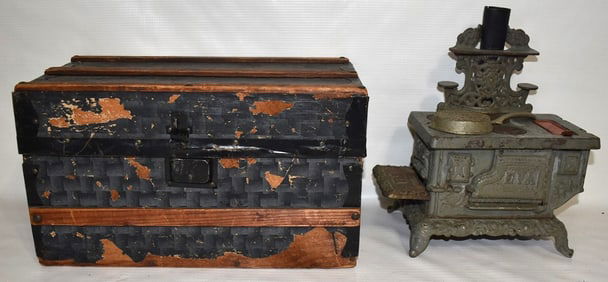 LOT (2) COUNTRY CHILDS STOVE/DOLL TRUNK, 19/20TH C.