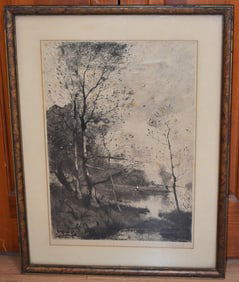 ETCHING WINDING RIVER SIGNED W.H. SHELTON (WILLIAM)
