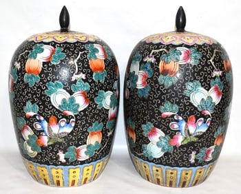 PR. CHINESE FAMILLE NOIR COVERED JARS (REPAIRED FINIAL)