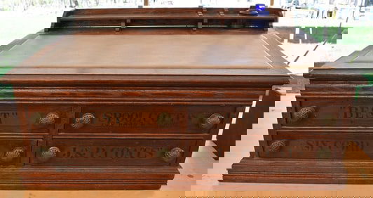 J & P COATS 4 DRAWER OAK LIFT TOP SPOOL CABINET