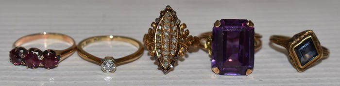 5 ASST. VICTORIAN 14KT/DIAMOND/SAPPHIRE/AMETHYST RINGS