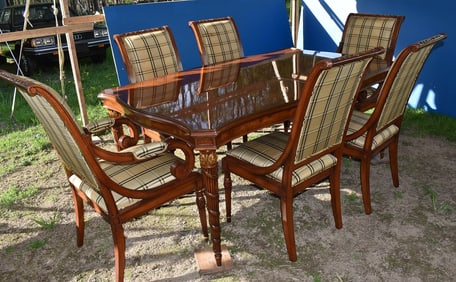 (7) KARGES BURL WALNUT DINING ROOM SUITE, C. 1990'S