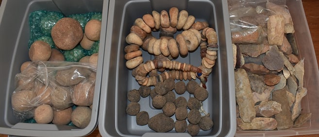 3 TUBS NATIVE AMERICAN INDIAN ASST. CARVED STONE BEADS+