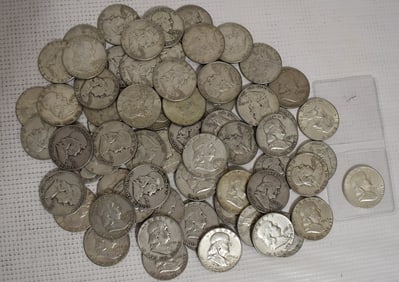 LG. LOT BENJAMIN FRANKLIN SILVER HALF DOLLARS, 29.7 OZ.