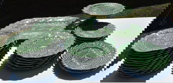 SET (26) MAJOLICA STYLE GAME PLATES/PLATTER, 20TH C.