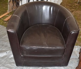 (2) ART DECO STYLE LEATHER SWIVEL BARREL CHAIRS, 20TH C