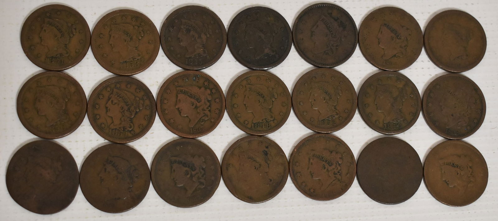 LOT (21) ASSORTED ESTATE LARGE CENTS, 1830/50 (1 of 6)