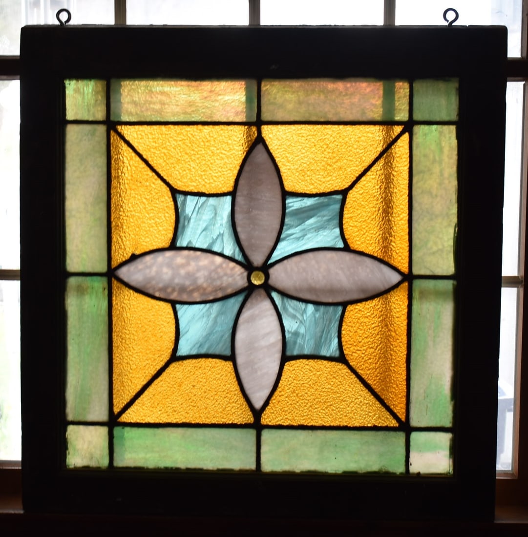 VICTORIAN STAIN GLASS WINDOW, 19TH C., H. 29" W. 28" (1 of 5)