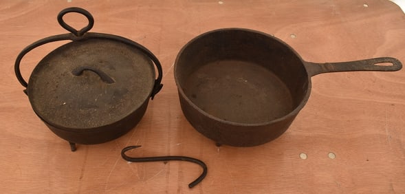 LOT (2) VERY EARLY CAST IRON FIREPLACE POTS, 18/19TH C.