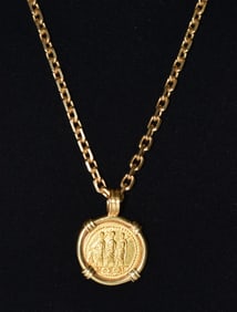 FINE DECO 14KT YG NECKLACE W/ROMAN KOSAN COIN 54 BC MS