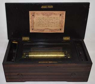 SWISS 6 TUNE CYLINDER MUSIC BOX, 19TH C.