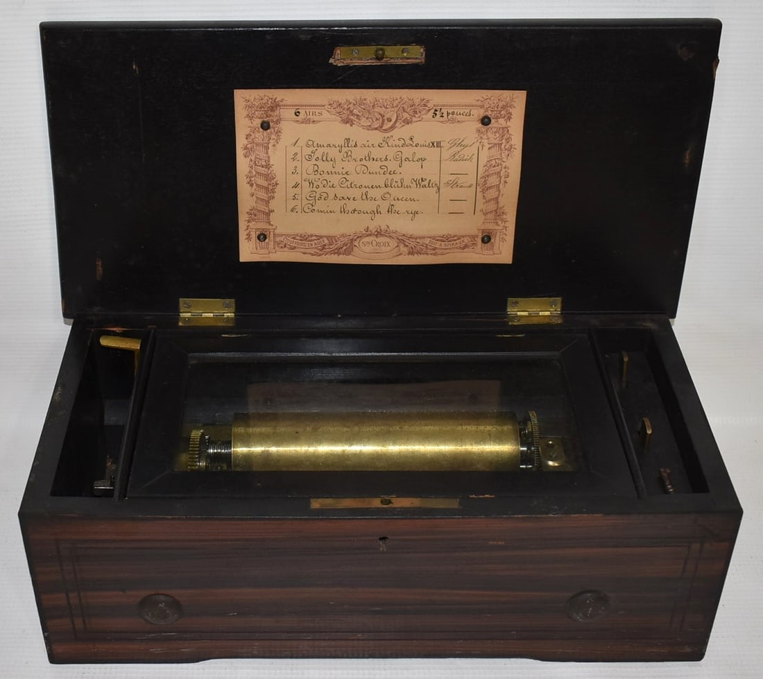 SWISS 6 TUNE CYLINDER MUSIC BOX, 19TH C.: SWISS 6 TUNE CYLINDER MUSIC BOX, 19TH C., H. 5" W. 13 1/2"