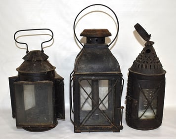 LOT (3) EARLY TOLEWARE LANTERNS, 19TH C., H. 14"