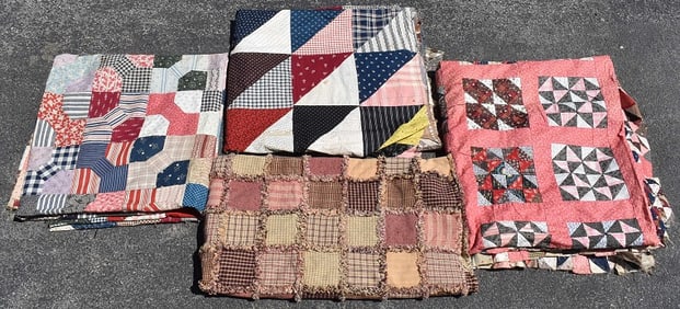 LOT (4) COUNTRY QUILT TOPS, COVERLET, 19/20TH C.