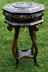 VICTORIAN INLAID PAPER MACHE SEWING STAND, 19TH C.