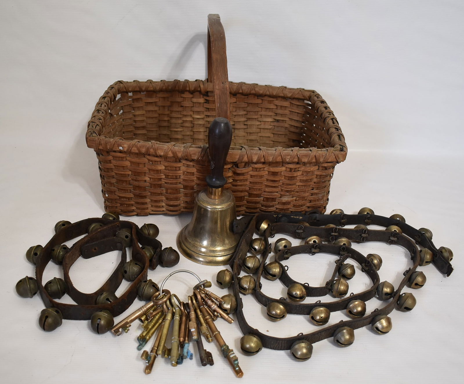 WICKER BASKET W/SLEIGH BELLS/SCHOOL BELL/SKELETON KEYS (1 of 8)