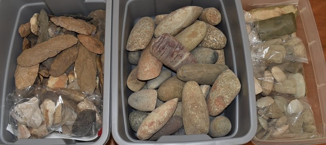 (3) TUBS ASSORTED FLINT, STONE CELTS, AX HEADS, ETC.
